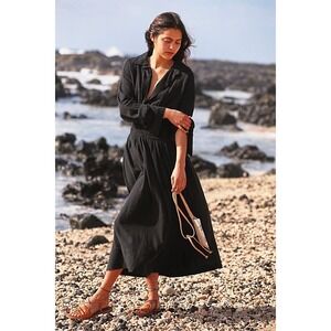 Free People Monika Shirt Dress Sz Small Black Long Sleeve Midi‎ Smocked NWT $108